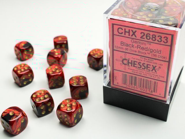 Chessex Chessex - 36d6 12mm Gemini - Noir-Rouge/Or