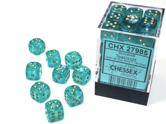 Chessex Chessex - 36d6 12mm Borealis - Turquoise/Or