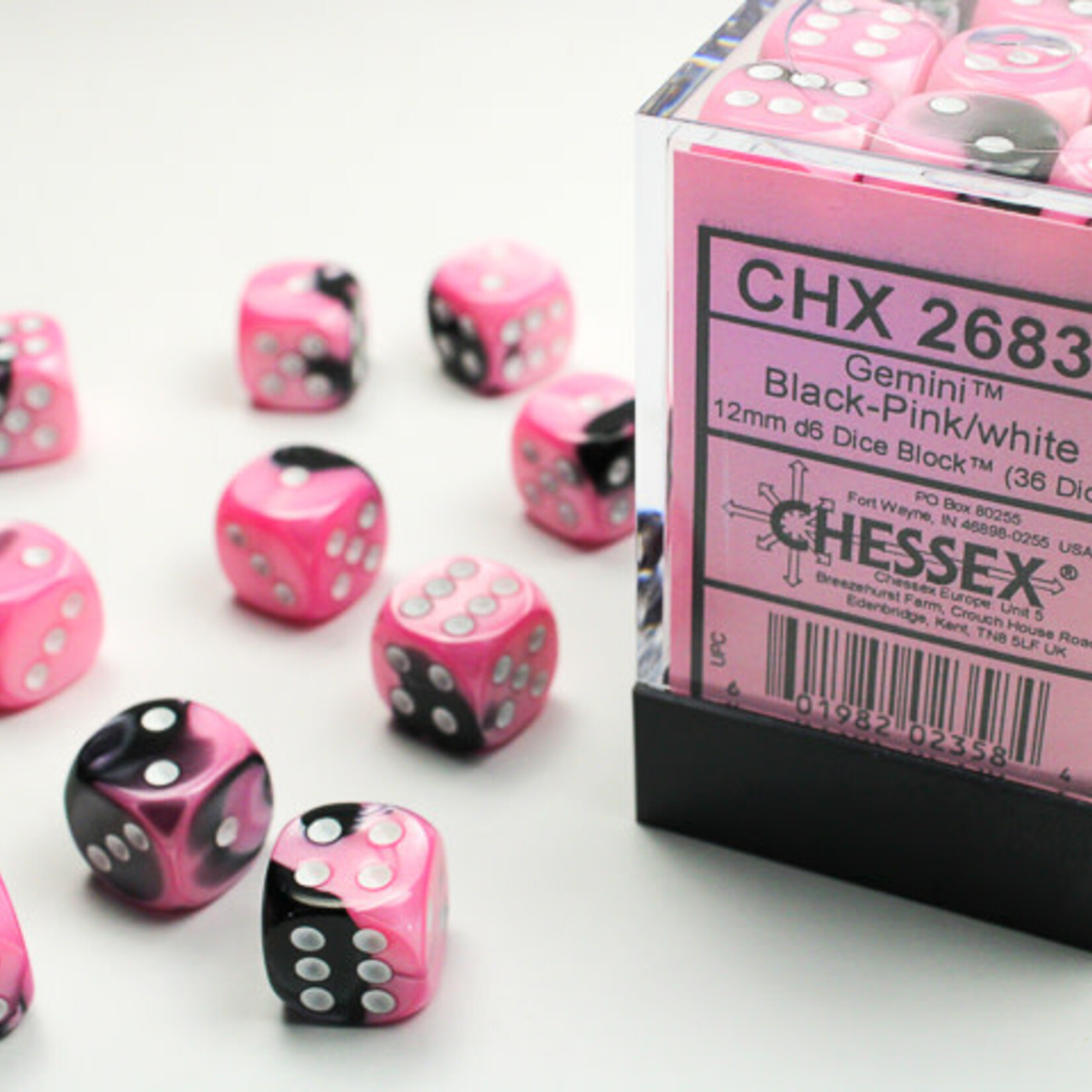 Chessex Chessex - 36d6 12mm Gemini - Noir-Rose/Blanc