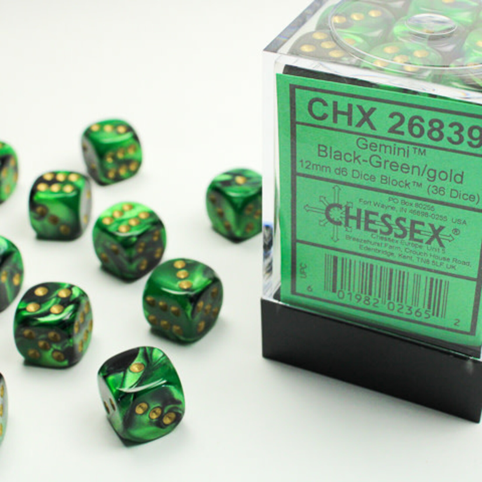 Chessex Chessex - 36d6 12mm Gemini - Noir-Vert/Or