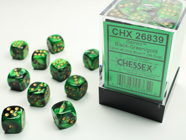 Chessex Chessex - 36d6 12mm Gemini - Noir-Vert/Or