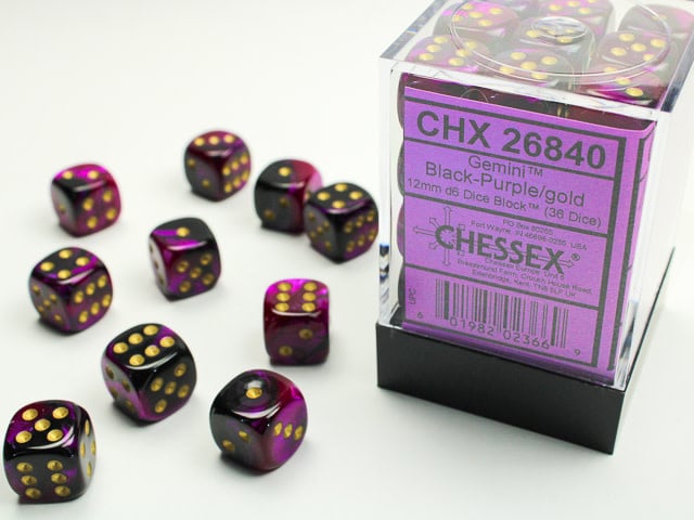 Chessex Chessex - 36d6 12mm Gemini - Noir-Mauve/Or