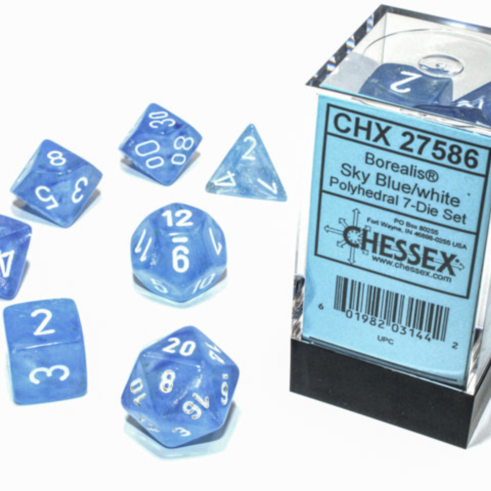 Chessex Chessex - Dés Boréalis Luminary - Bleu Ciel et Blanc