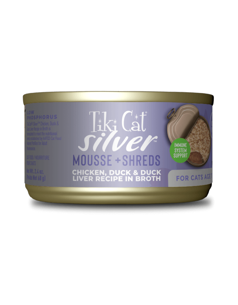 Tiki Pet Tiki Cat Silver Mousse & Shreds Chicken, Duck & Duck Liver 2.4 Oz can