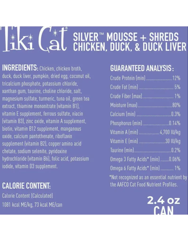Tiki Pet Tiki Cat Silver Mousse & Shreds Chicken, Duck, & Duck Liver 2.4 Oz Can
