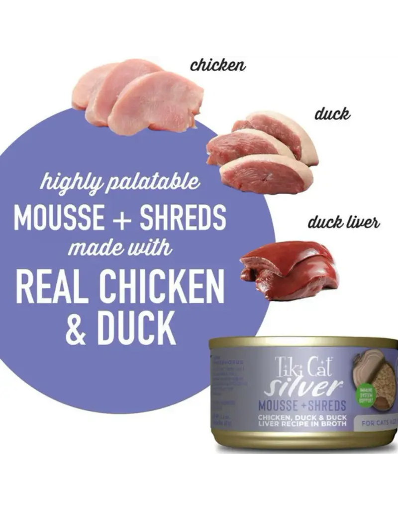 Tiki Pet Tiki Cat Silver Mousse & Shreds Chicken, Duck, & Duck Liver 2.4 Oz Can