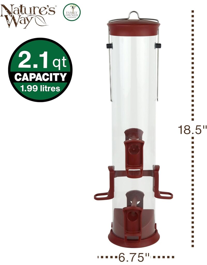 Nature's Way Plastic Tube Bird Feeder 2.1 Qt Red