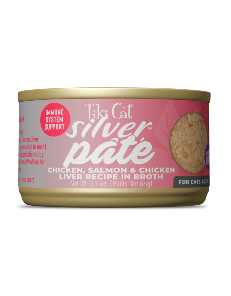 Tiki Pet Tiki Cat Silver Pate Chicken, Salmon & Chicken Liver in Broth 2.4 Oz can