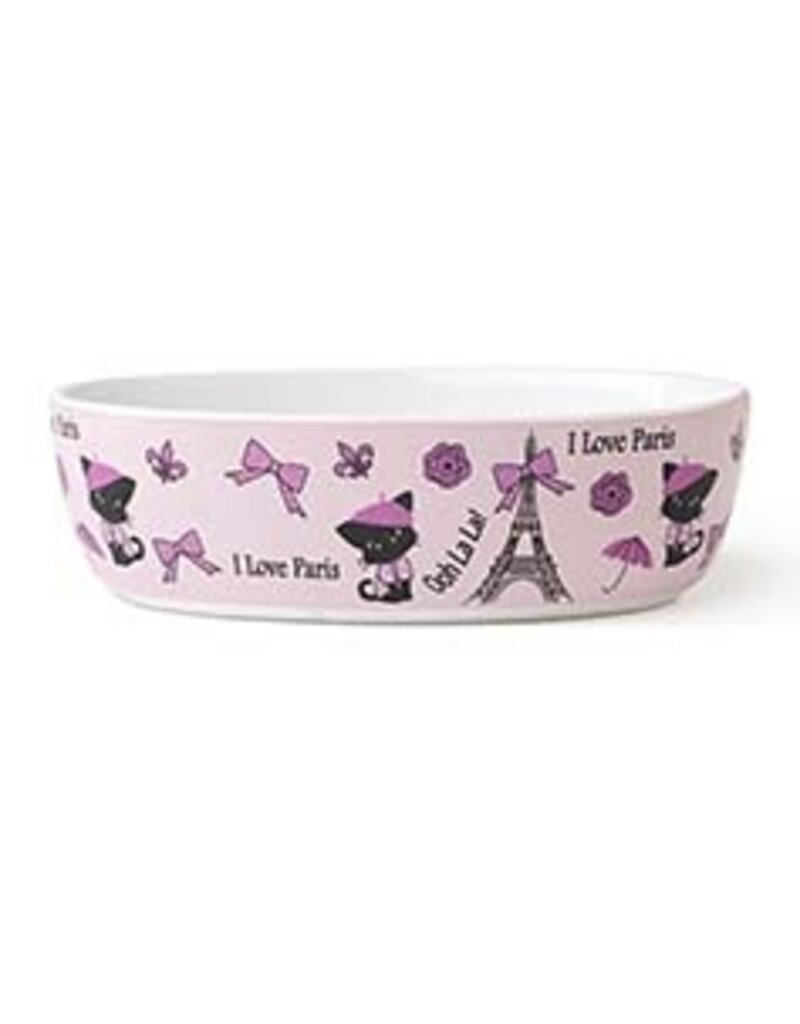 Petrageous I Love Paris Oval Cat Bowl 7" Pink, 2 Cups