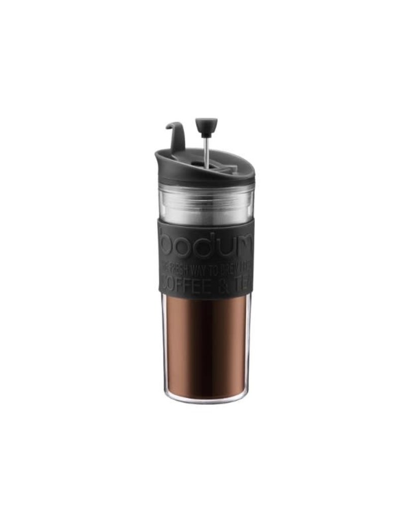 BODUM Travel French Press Double Wall Plastic Coffee Maker, 15 Ounce, Black