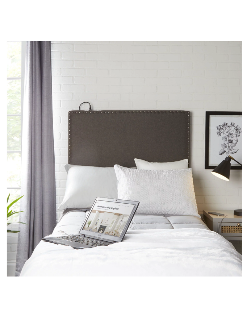 Mainstays Twin Upholstered Grey Headboard with Nailheads and USB Ports