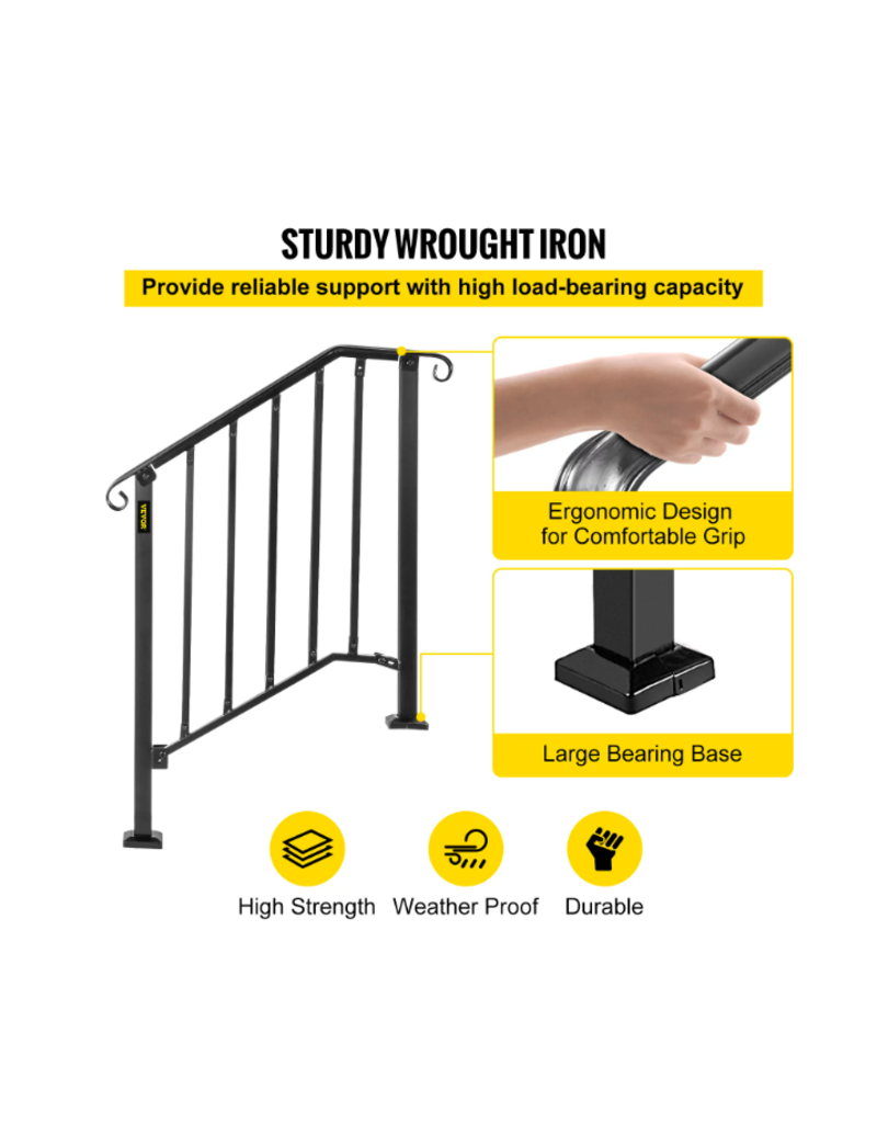 VEVORbrand Handrail Picket 2 Fits 2 or 3 Steps Outdoor Stair Rail Wrought Iron Handrail, Matte Black