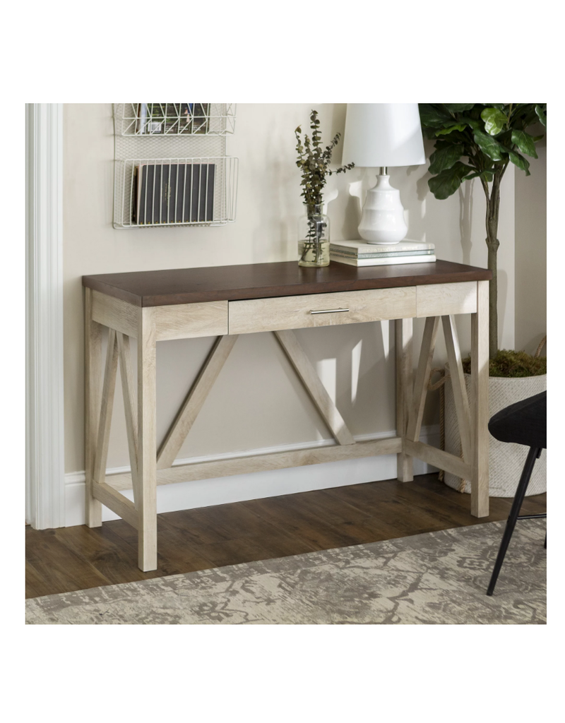 Woven Paths Rustic Farmhouse Computer Writing Desk with Drawer, Brown/White Oak