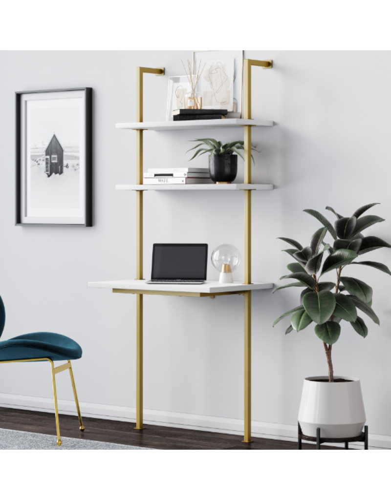 Nathan James Theo 2-Shelf Industrial Wall Mount Ladder Desk, Small Computer or Writing Desk, White/Gold Brass