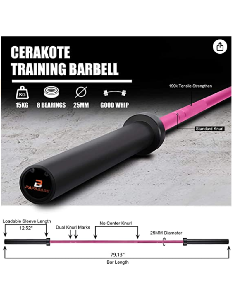 PapaBabe Olympic Barbells, Cerakote Coating Bar 25MM for Woman15Kg Weightlifting and Powerlifting Crossfit, Pink