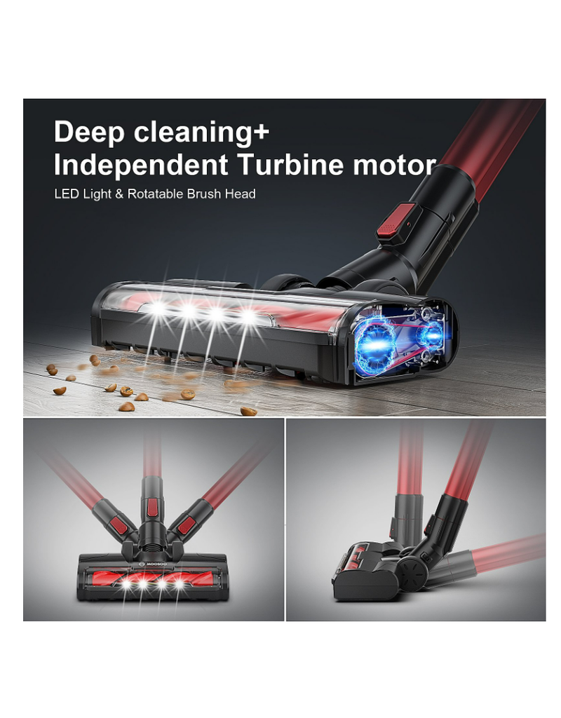 Moosoo Stick Vacuum Cleaner, 23Kpa Cordless Vacuum with LED Motorized Floor Brush for Hard Floor Car