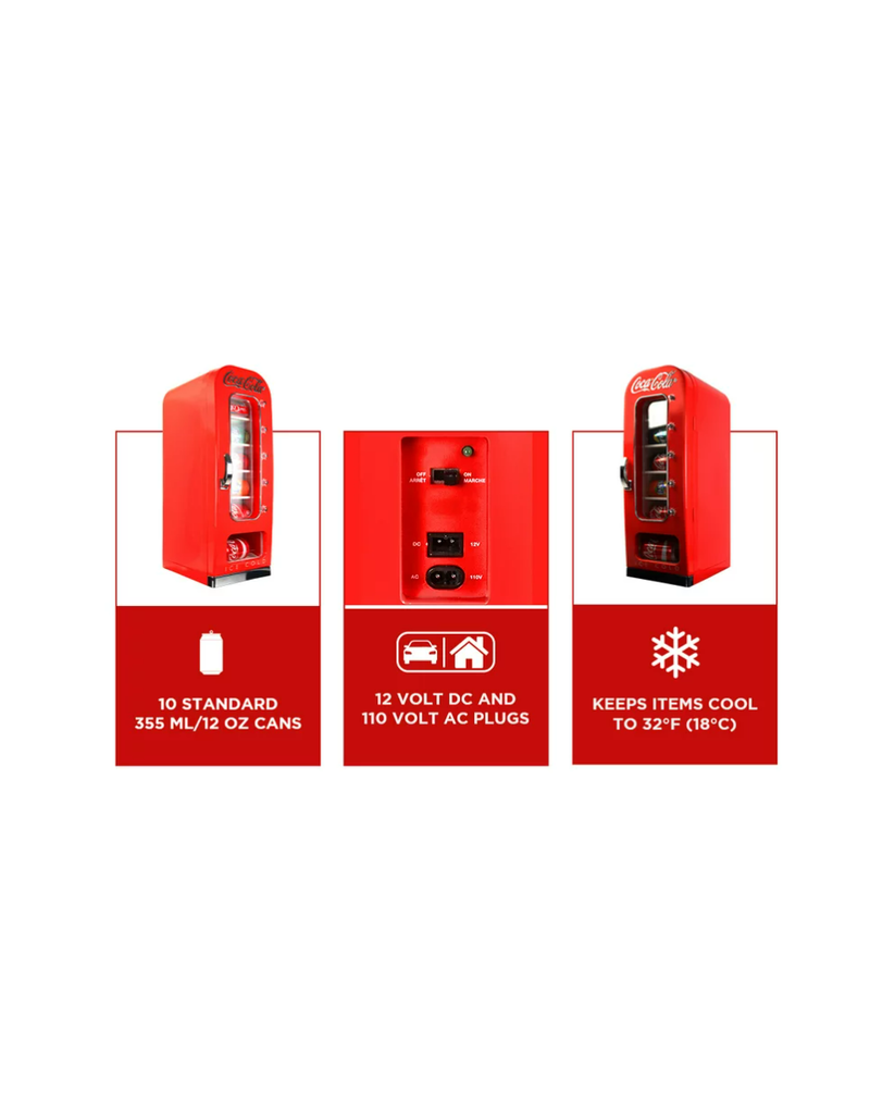 Coca-Cola 10 Can Retro Vending Machine Mini Cooler Display Window, Portable Refrigerator, Red