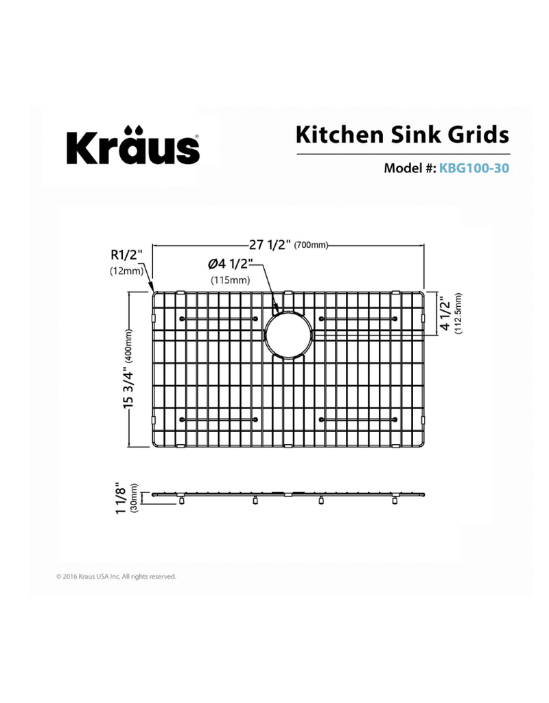 Kraus KBG-100-30 Stainless Steel Bottom Grid for KHU100-30 Single Bowl 30 Kitchen Sink, 27 x 15 3/4