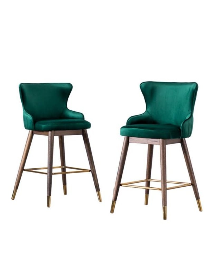 Roundhill Furniture Leland Fabric Upholstered Counter Height Wingback Stools, Set of 2, Green