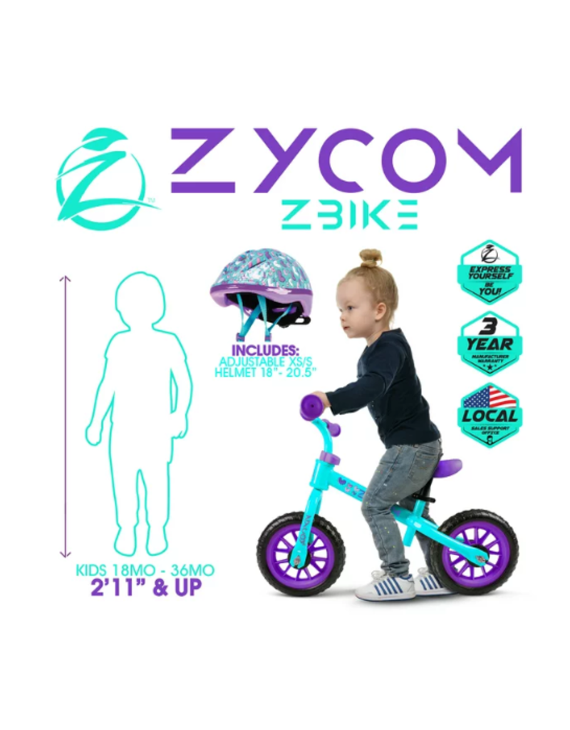 Zycom 10-inch Toddlers Balance Bike Adjustable Helmet Light-up Wheels Lightweight Training Bike Teal
