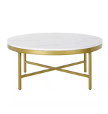 Xivil 36 in. Brass Round Coffee Table with Faux Marble Top