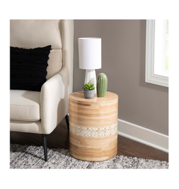 Linon Dahlia Drum Accent Side Table, Natural Bamboo Finish with Light Colored Capiz Shell Accents