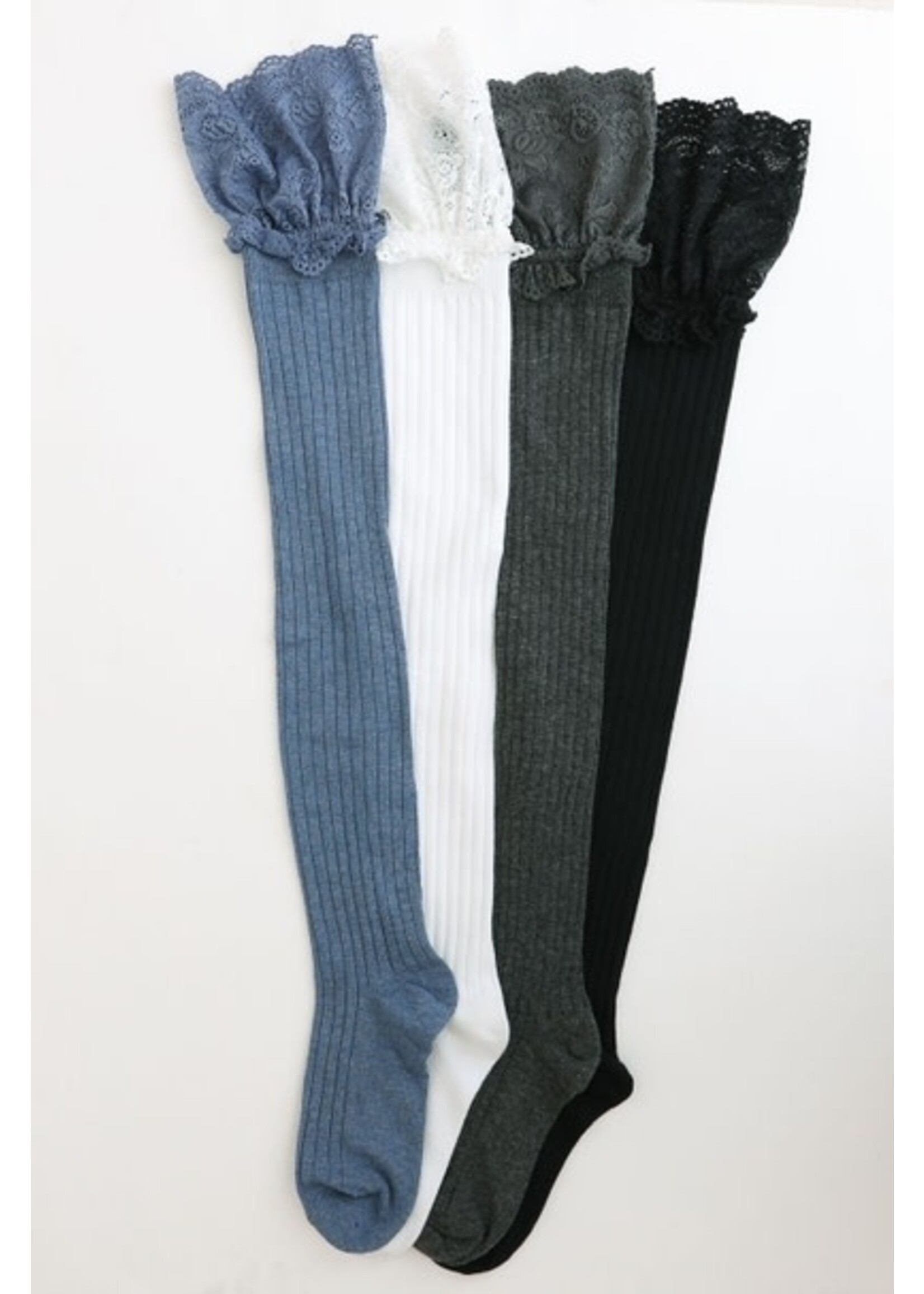 LET YYS-9704 KNEE-HI SOCKS LACE TRIM BLACK