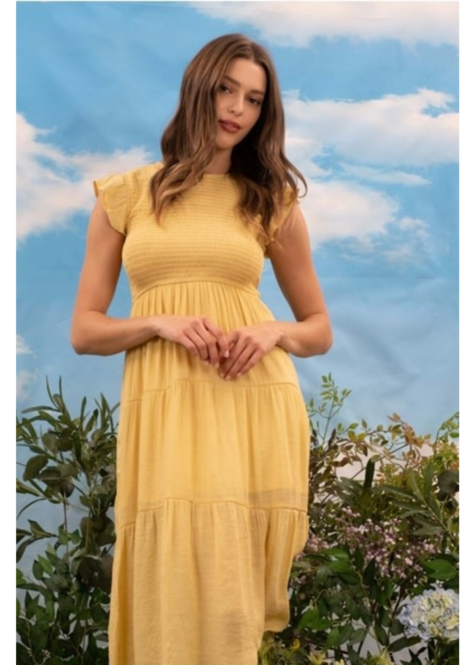BLU PEPPER BLU SMOCKED TIERED MIDI DRESS