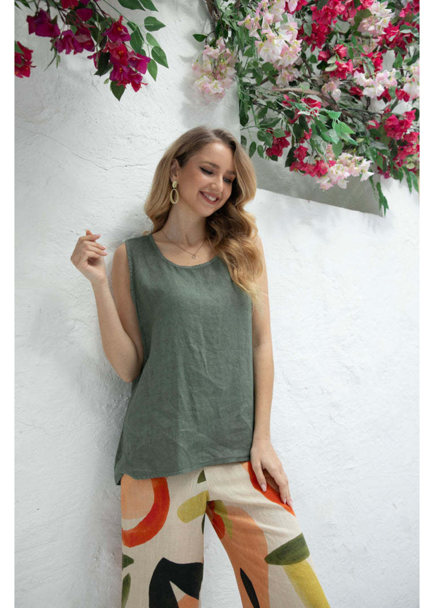 ORANGE FASHION VILLAGE OFV 9329 LINEN TANK BUTTON BACK