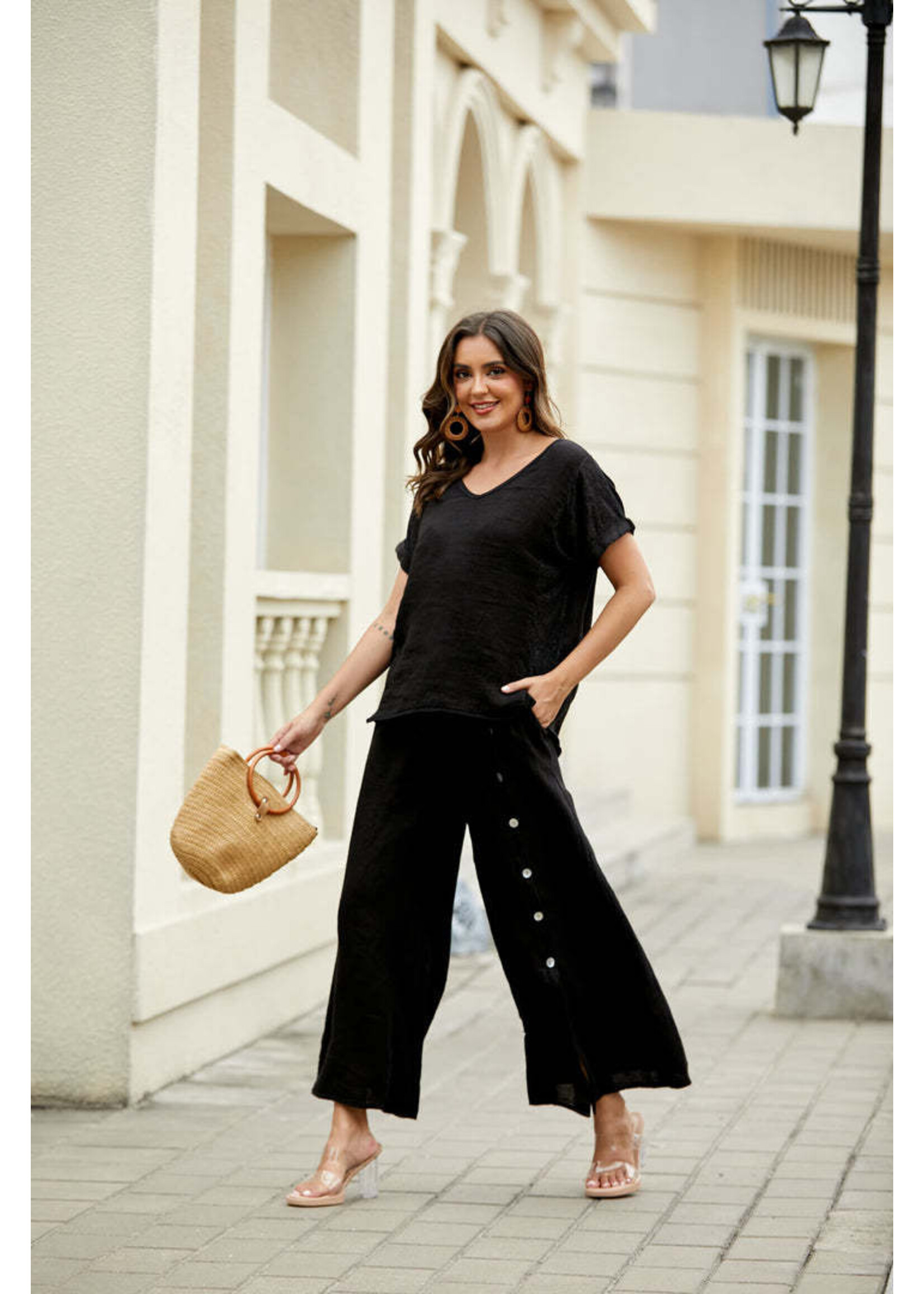 ORANGE FASHION VILLAGE OFV 8007 BUTTON LINEN PANTS
