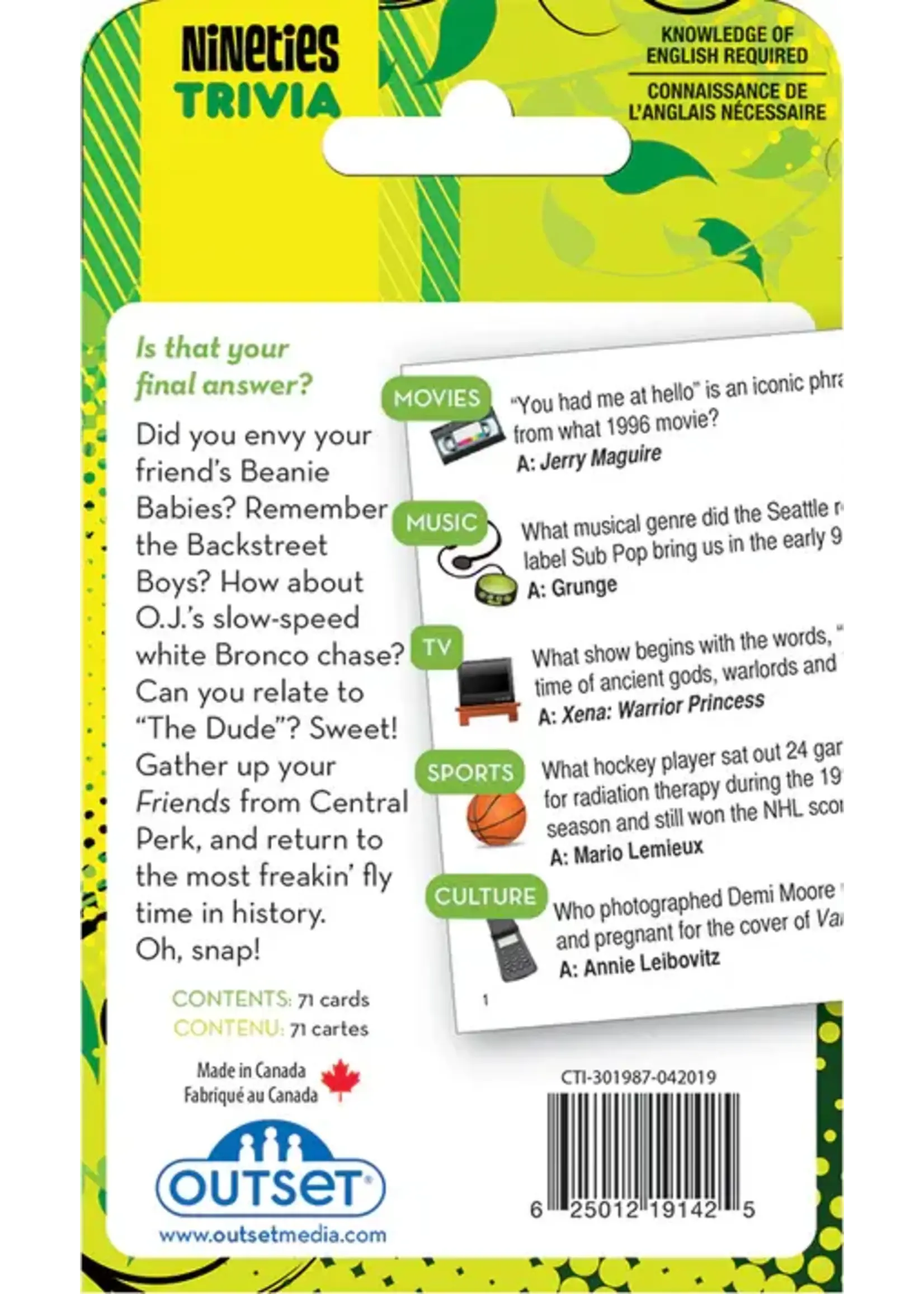 OUT 90'S TRIVIA CARD GAME