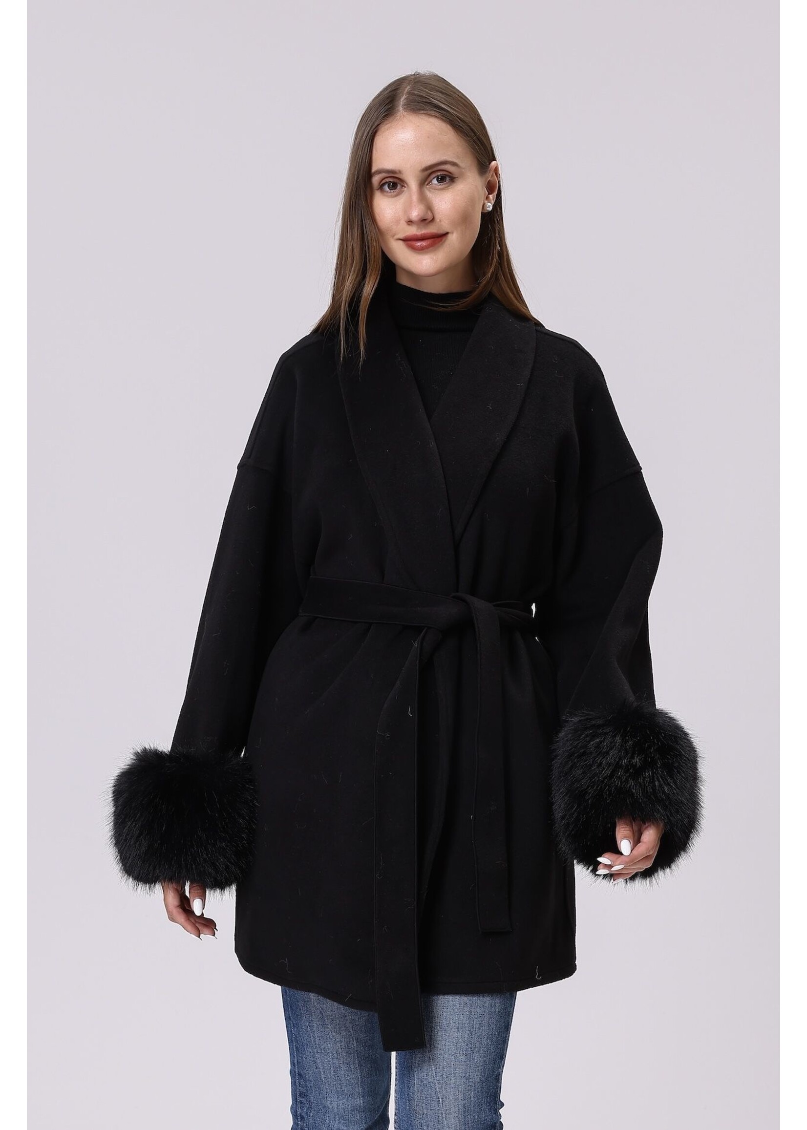 WELLCO WEL BELTED FAUX FUR COAT - BLACK