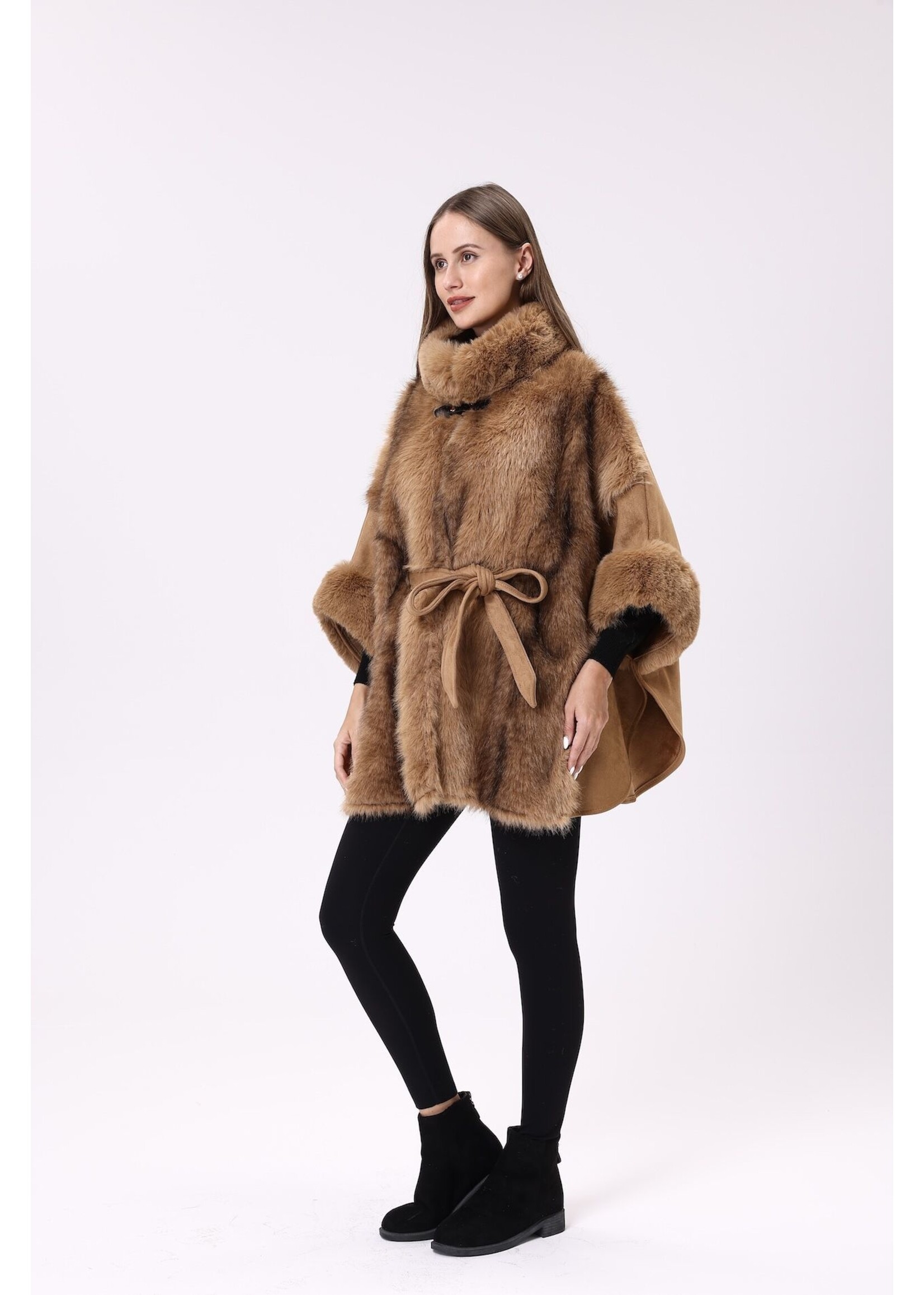 WELLCO WEL BELTED FAUX FUR COAT - CAMEL