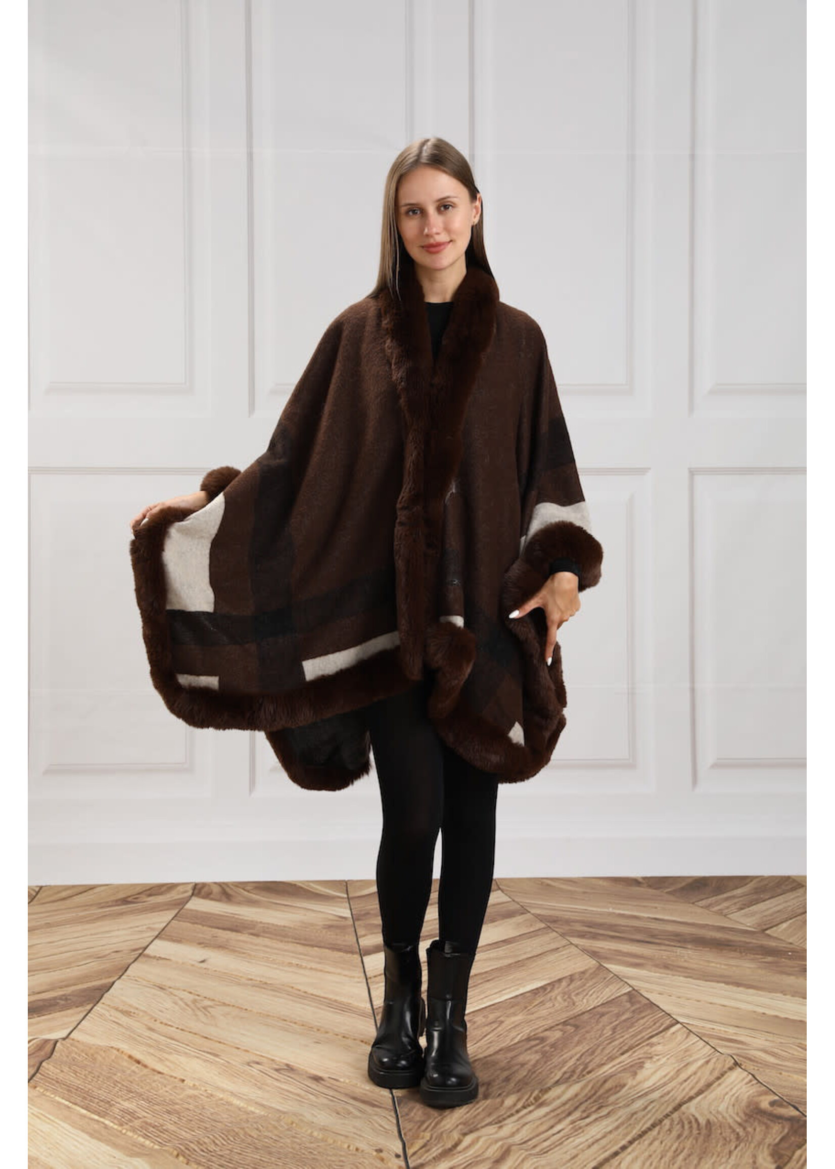 WEL FAUX FUR TRIMMED CAPE BROWN