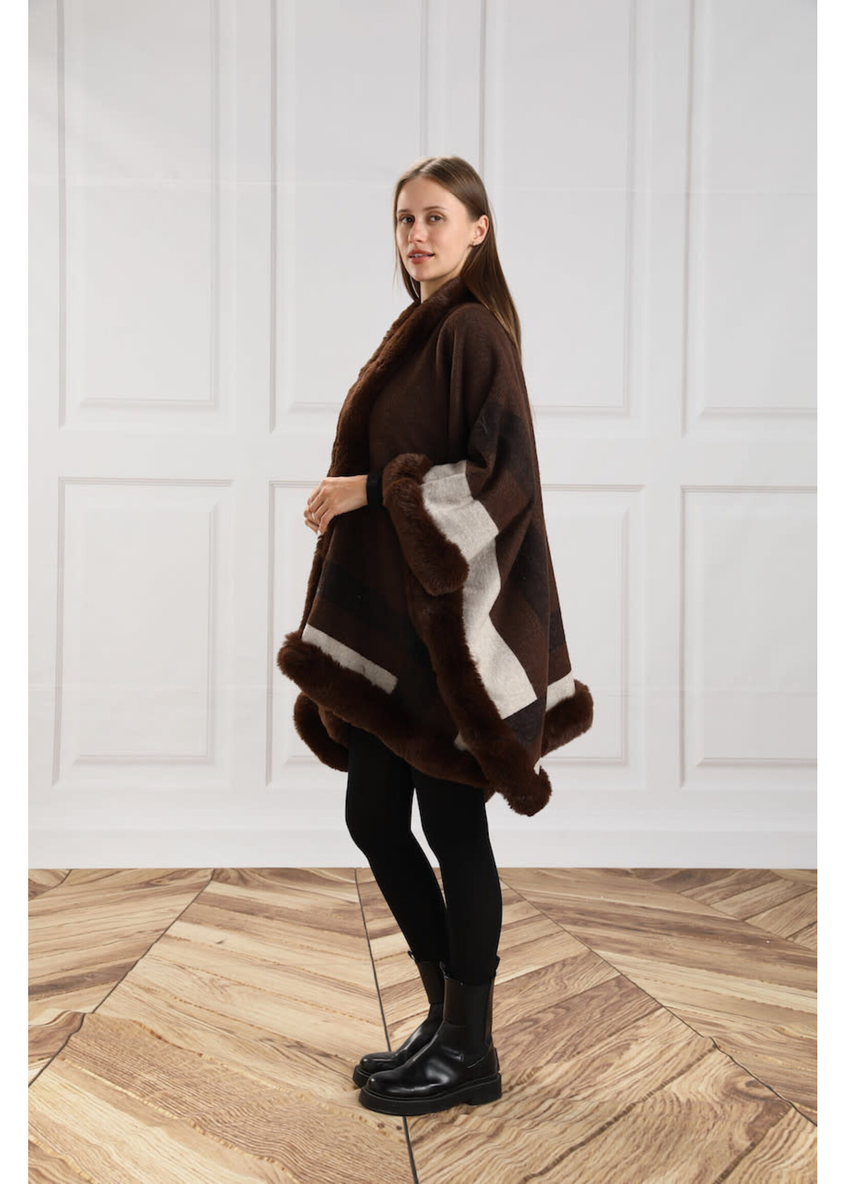 WEL FAUX FUR TRIMMED CAPE BROWN