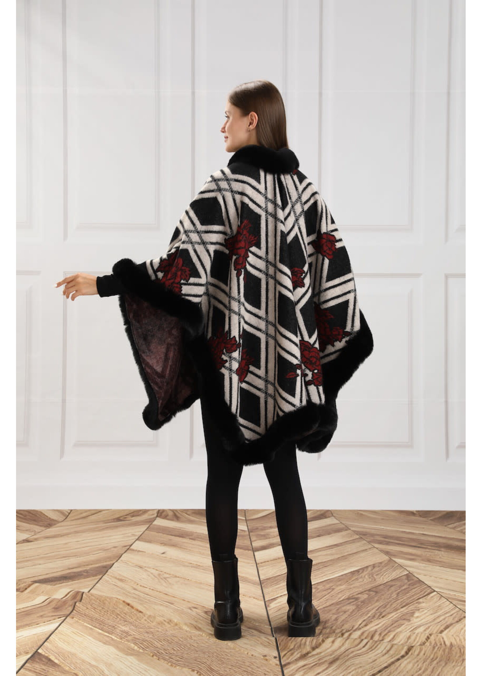 WEL FAUX FUR TRIMMED CAPE BLACK FLORAL