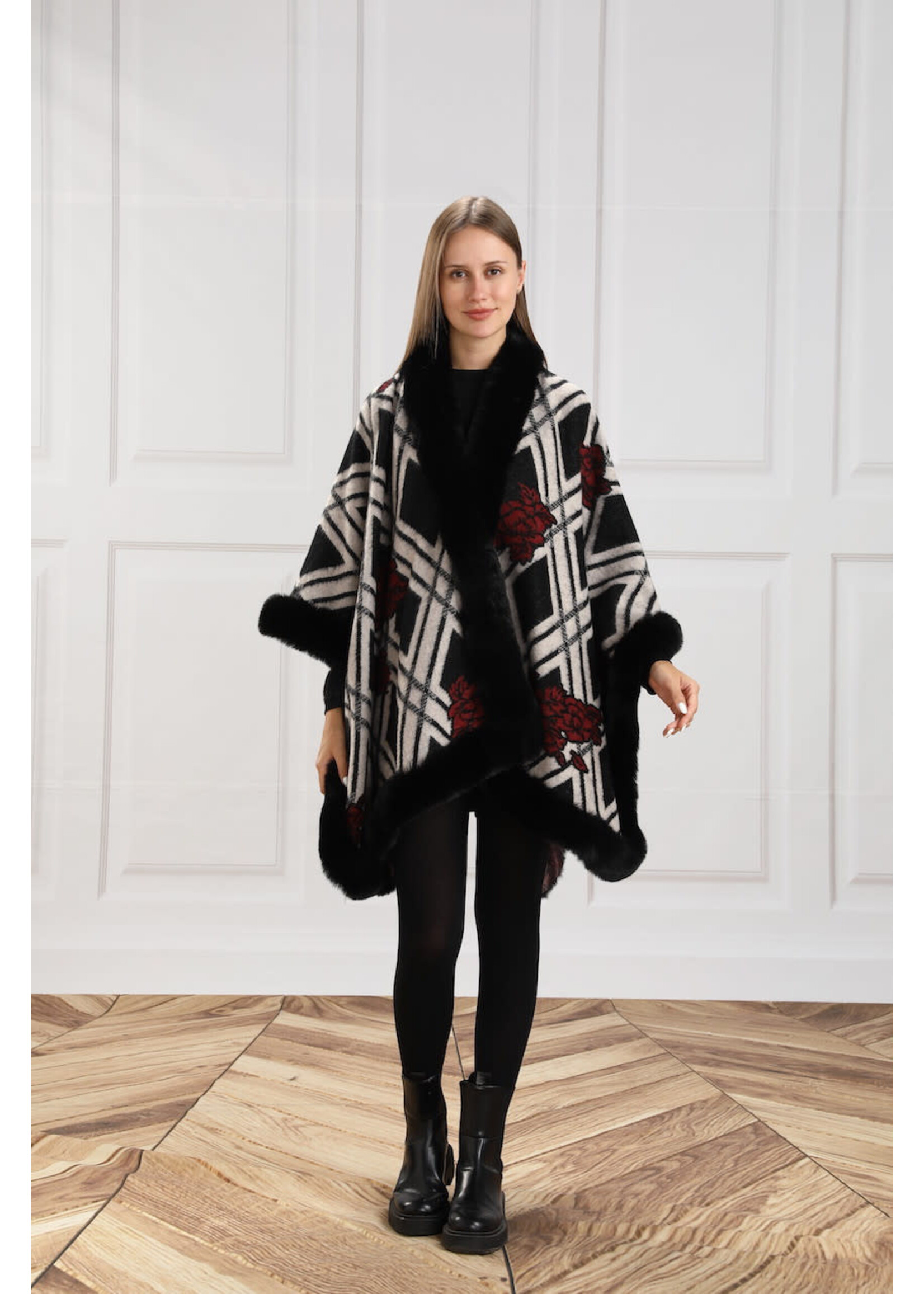 WEL FAUX FUR TRIMMED CAPE BLACK FLORAL