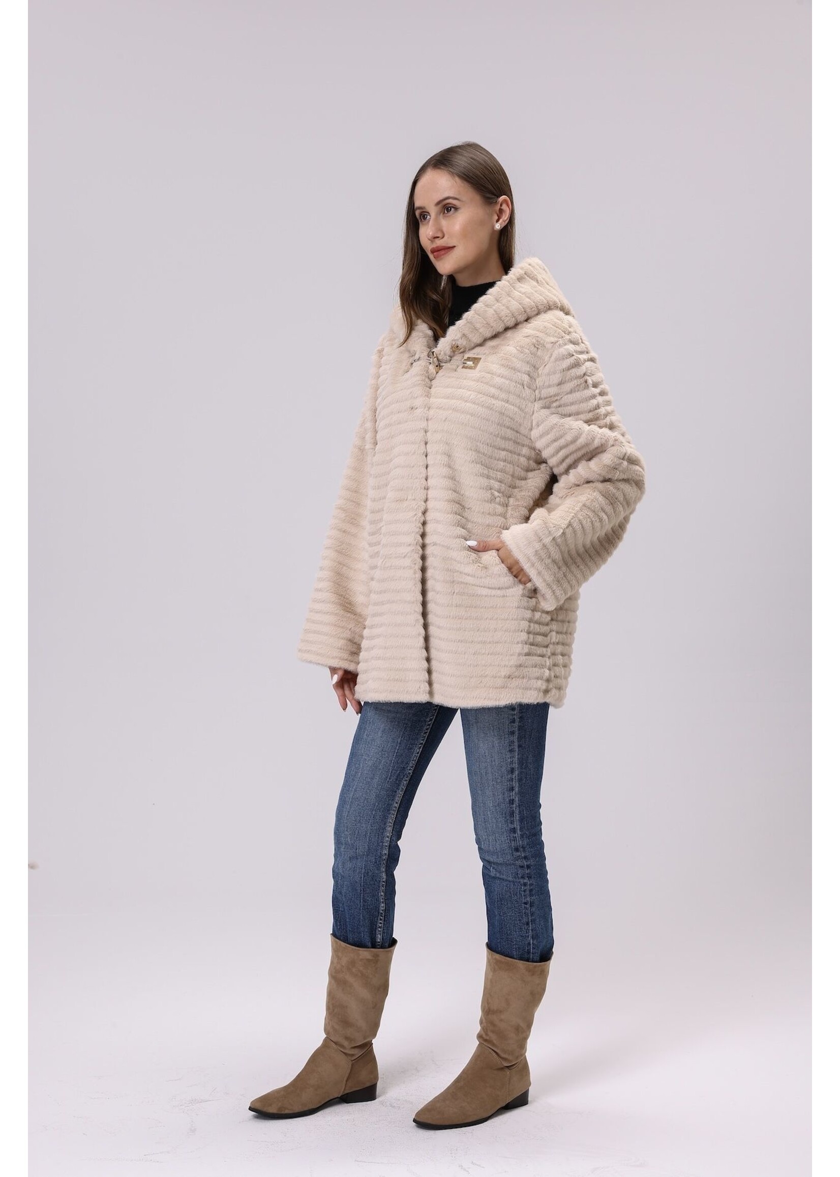 WELLCO WEL TEXTURED FAUX FUR COAT - BEIGE