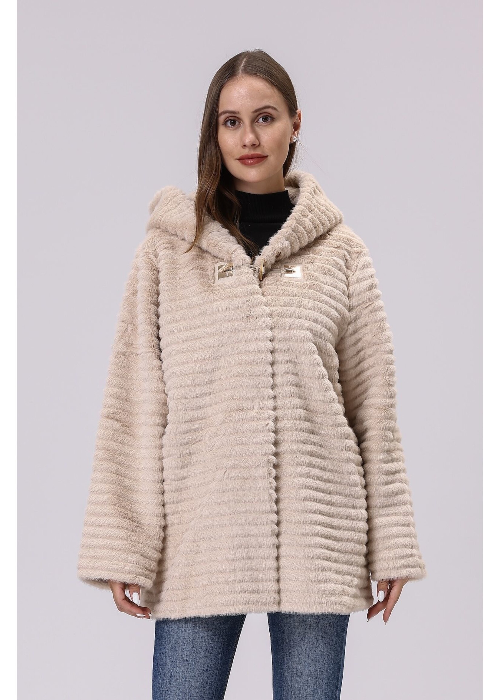 WELLCO WEL TEXTURED FAUX FUR COAT - BEIGE
