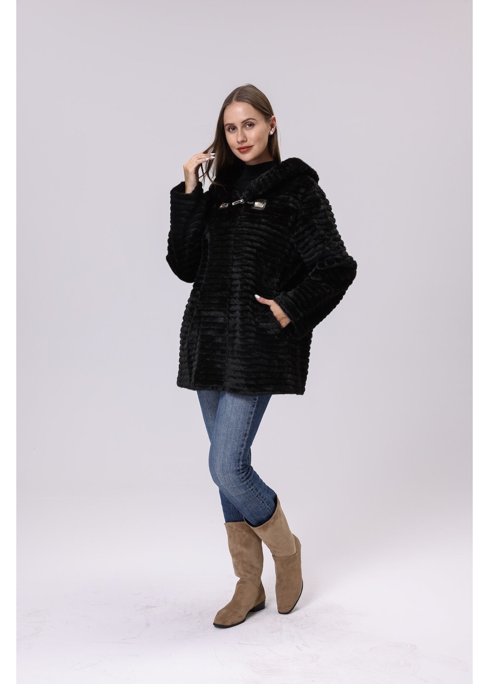WELLCO WEL TEXTURED FAUX FUR COAT - BLACK