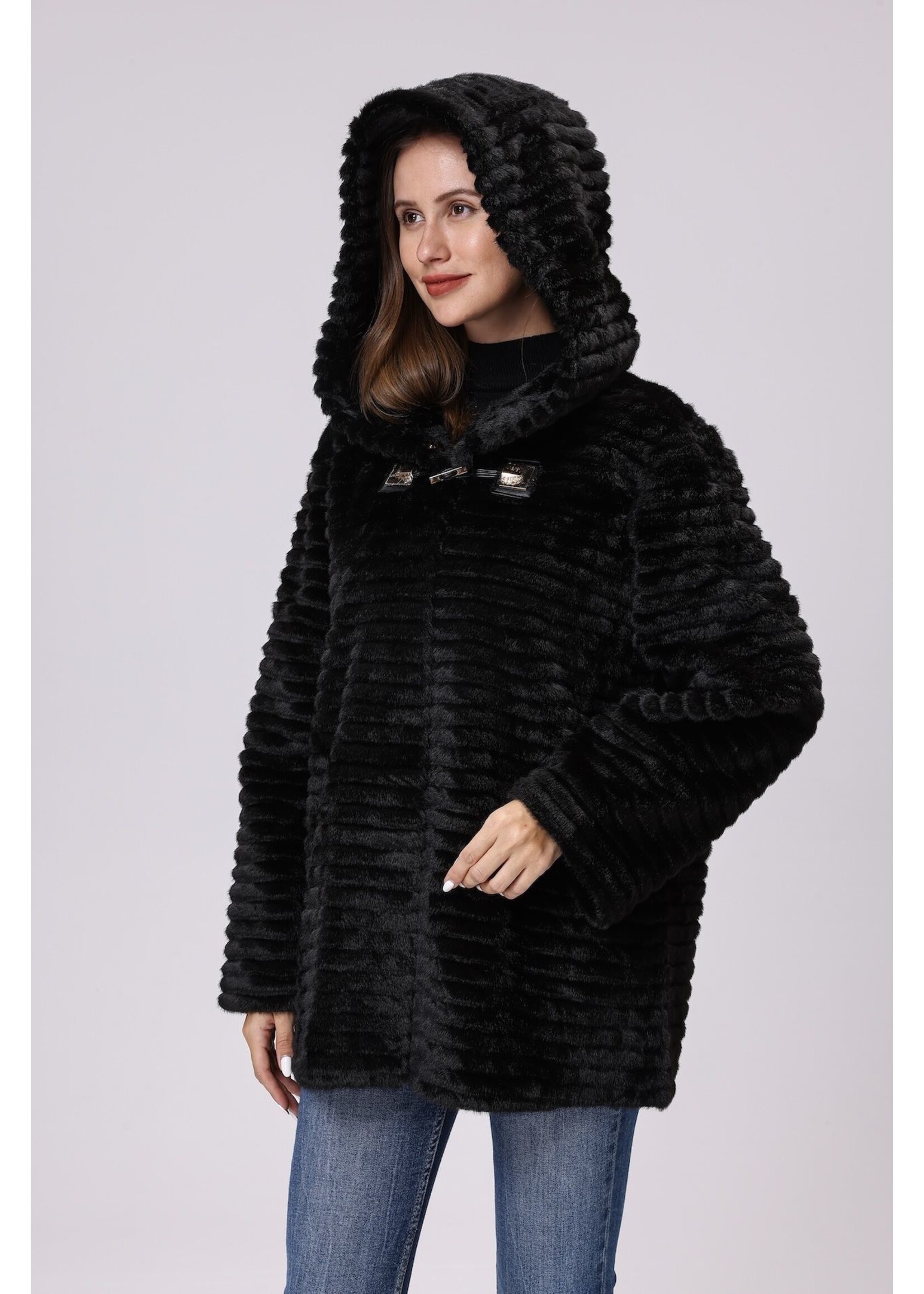 WELLCO WEL TEXTURED FAUX FUR COAT - BLACK