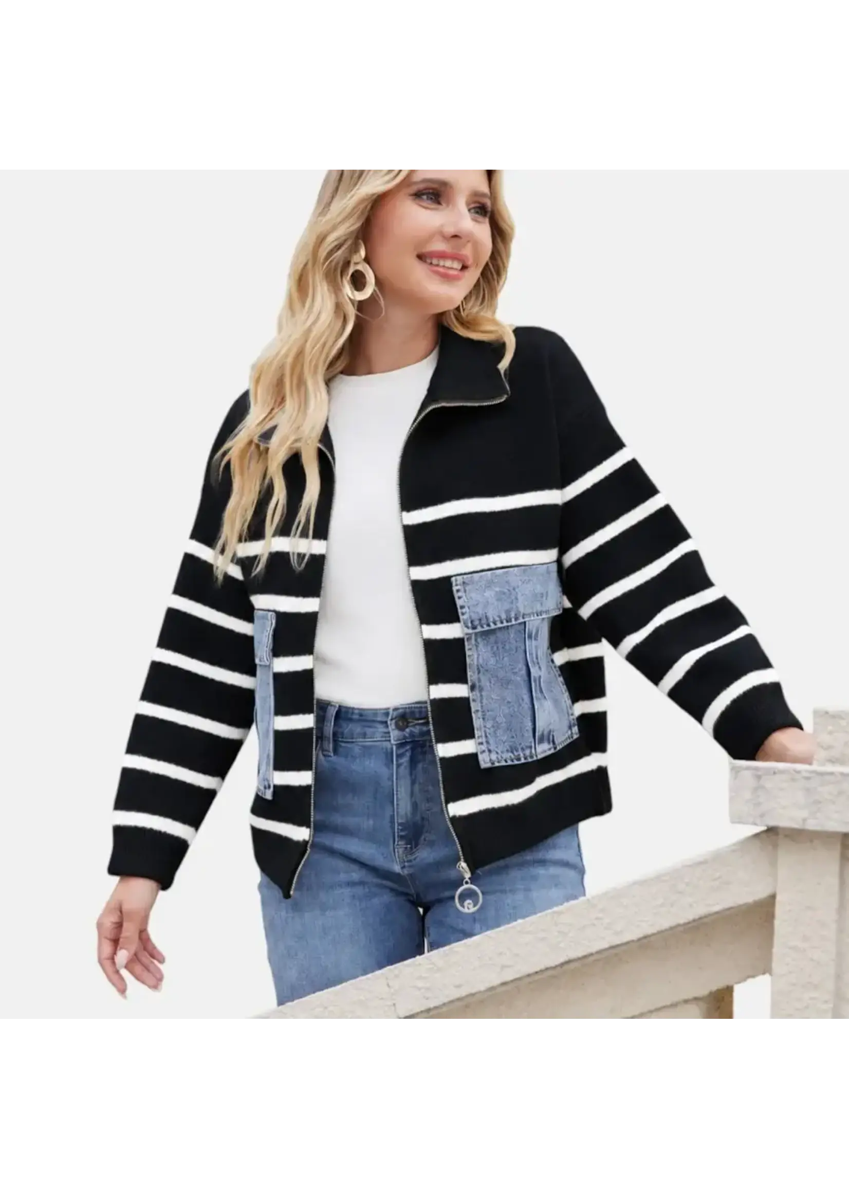 ORANGE FASHION VILLAGE OFV FW26  STRIPED DENIM-PATCH KNIT JACKET