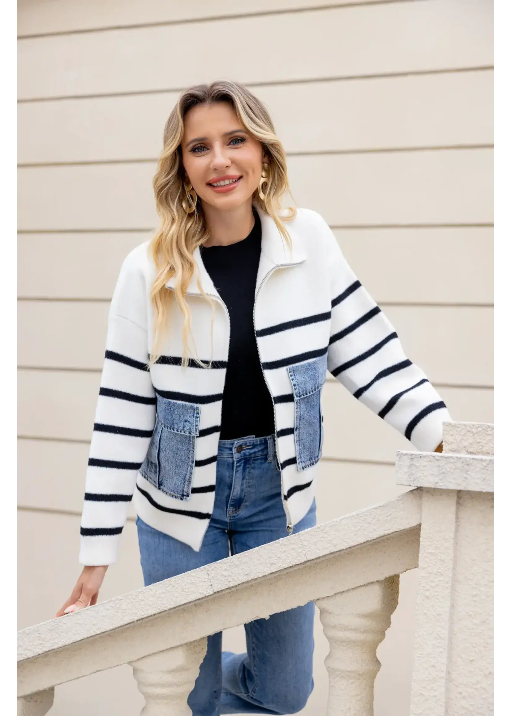ORANGE FASHION VILLAGE OFV FW26  STRIPED DENIM-PATCH KNIT JACKET