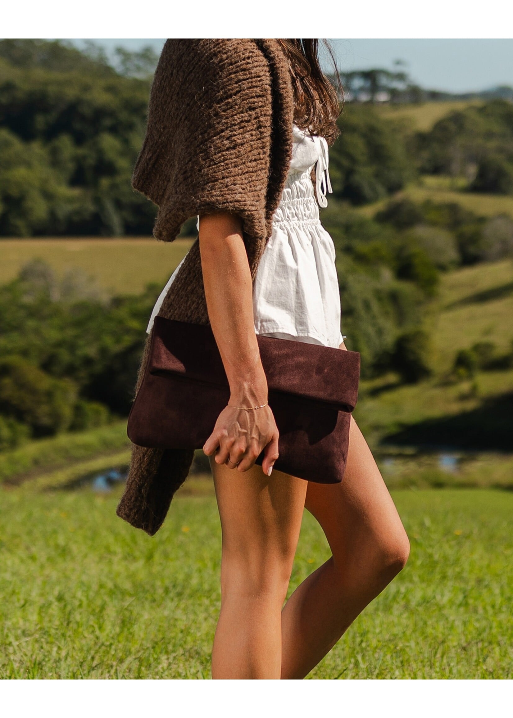 Luka Suede Clutch Crossbody - Chocolate