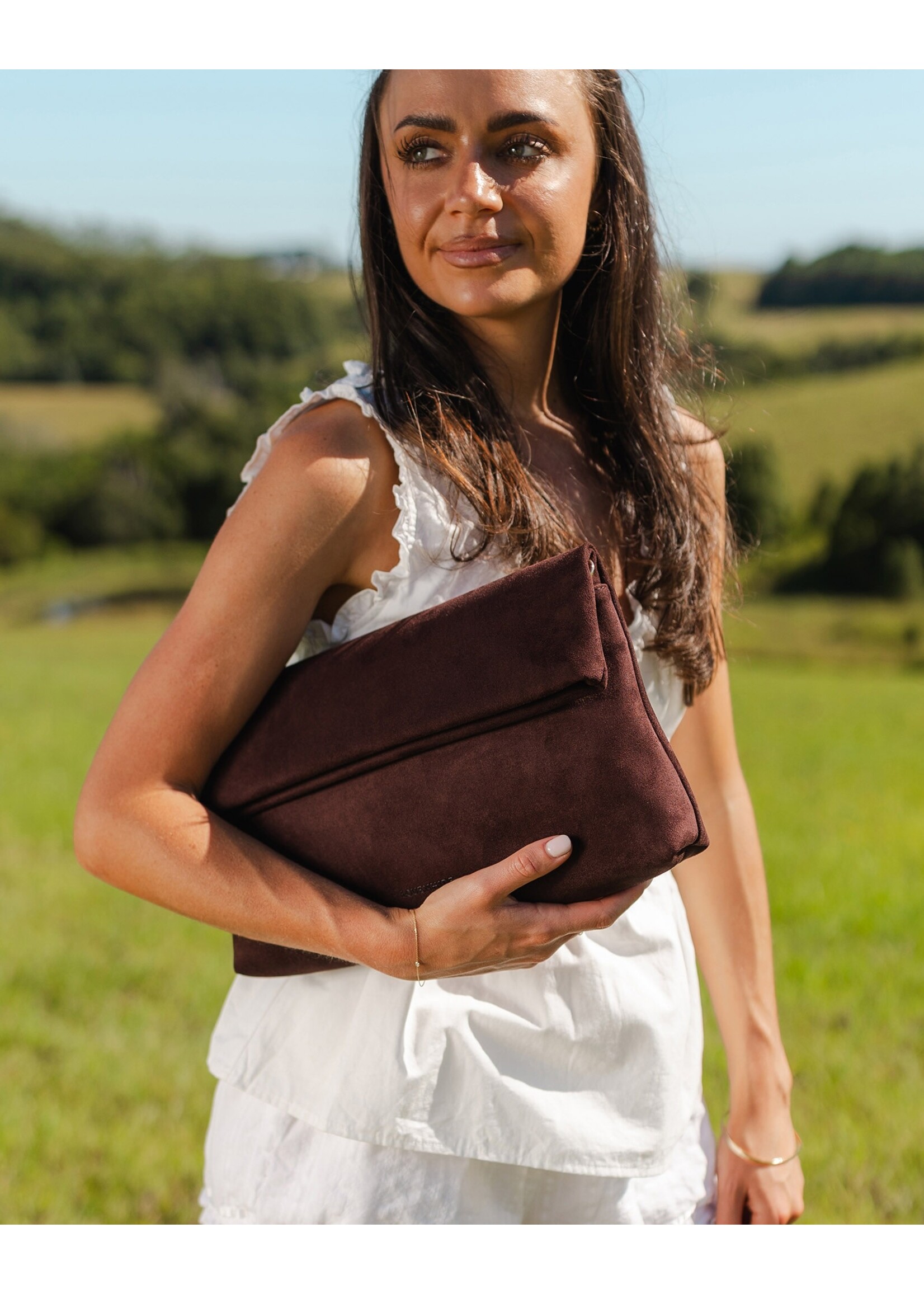 Luka Suede Clutch Crossbody - Chocolate