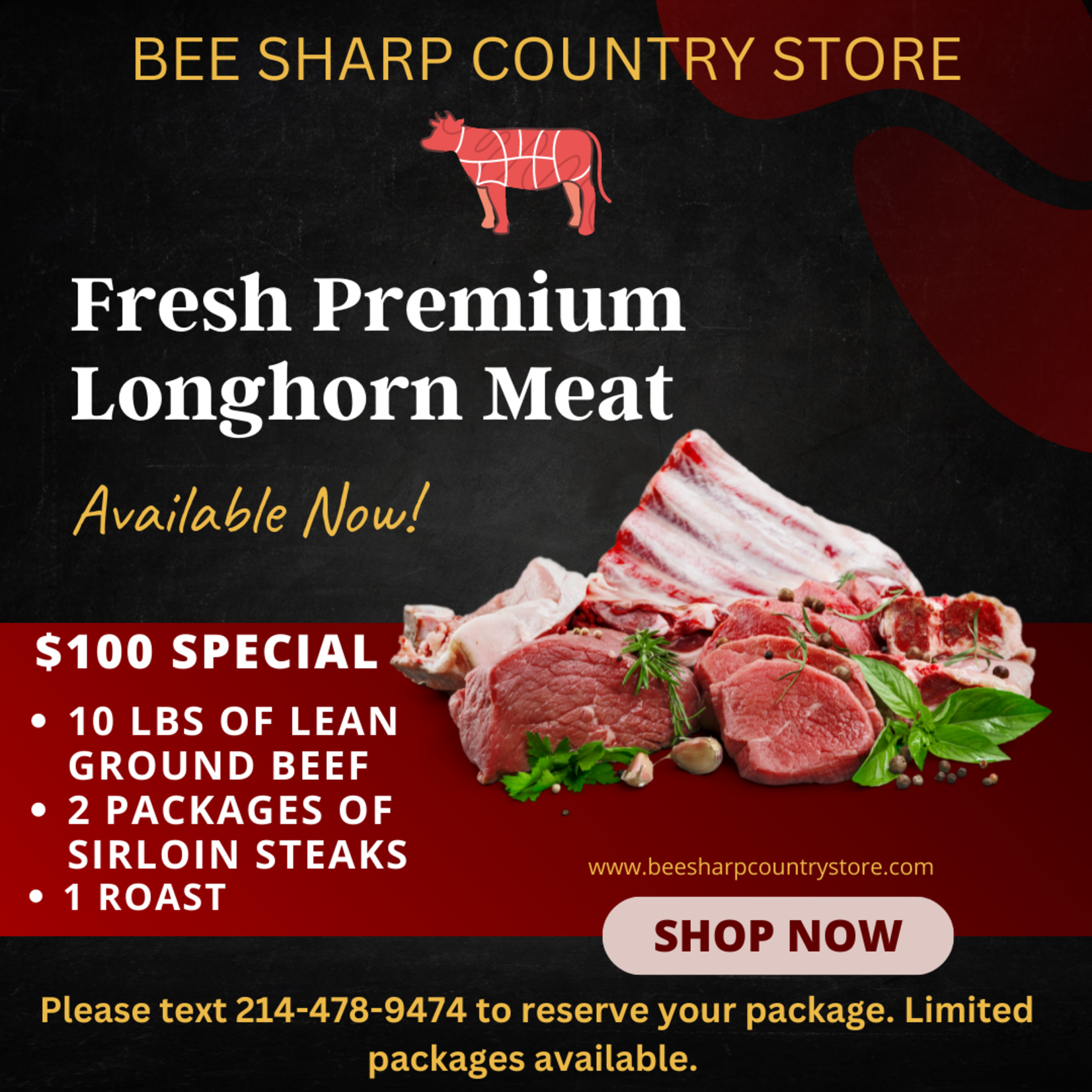 Bee Sharp Ranch $100 Meat Package (Ground Beef, Sirloins, Roast)
