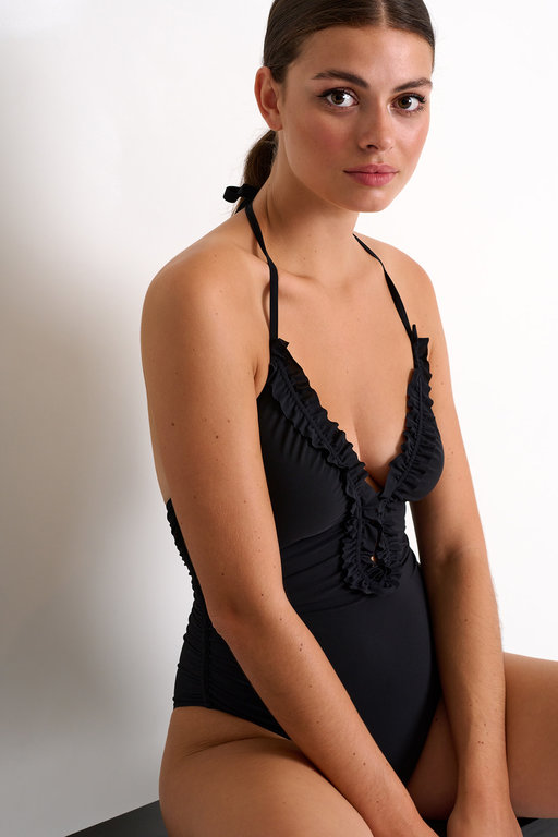 SHAN SHAN 1PC BLACK RUCHED HALTER