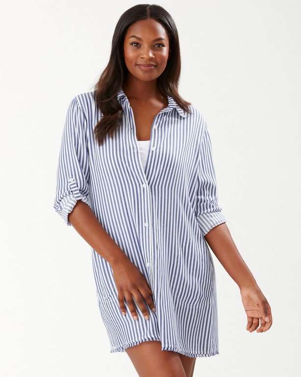 TOMMY BAHAMA TOMMY BAHAMA CHAMBRAY STRIPE BOYFRIEND SHIRT