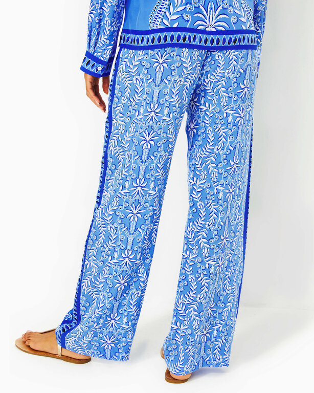 LILLY PULITZER LILLY PULITZER SOLAY SILK PALAZZO ABACO BLUE HAVE IT BOTH RAYS ENGINEERED PANT