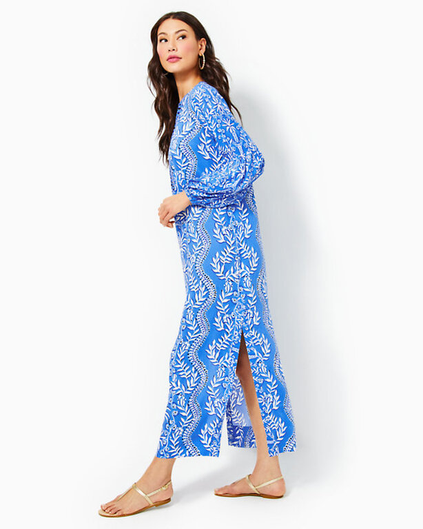 LILLY PULITZER LILLY PULITZER LAURELIE LONG SLEEVE MAXI ABACO BLUE HAVE IT BOTH RAYS ENGINEERED WOVEN MAXI